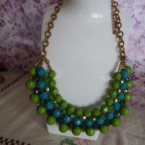 Beaded Bib Style Statement Necklace Blue Green and Transparent Gold Chain 9"